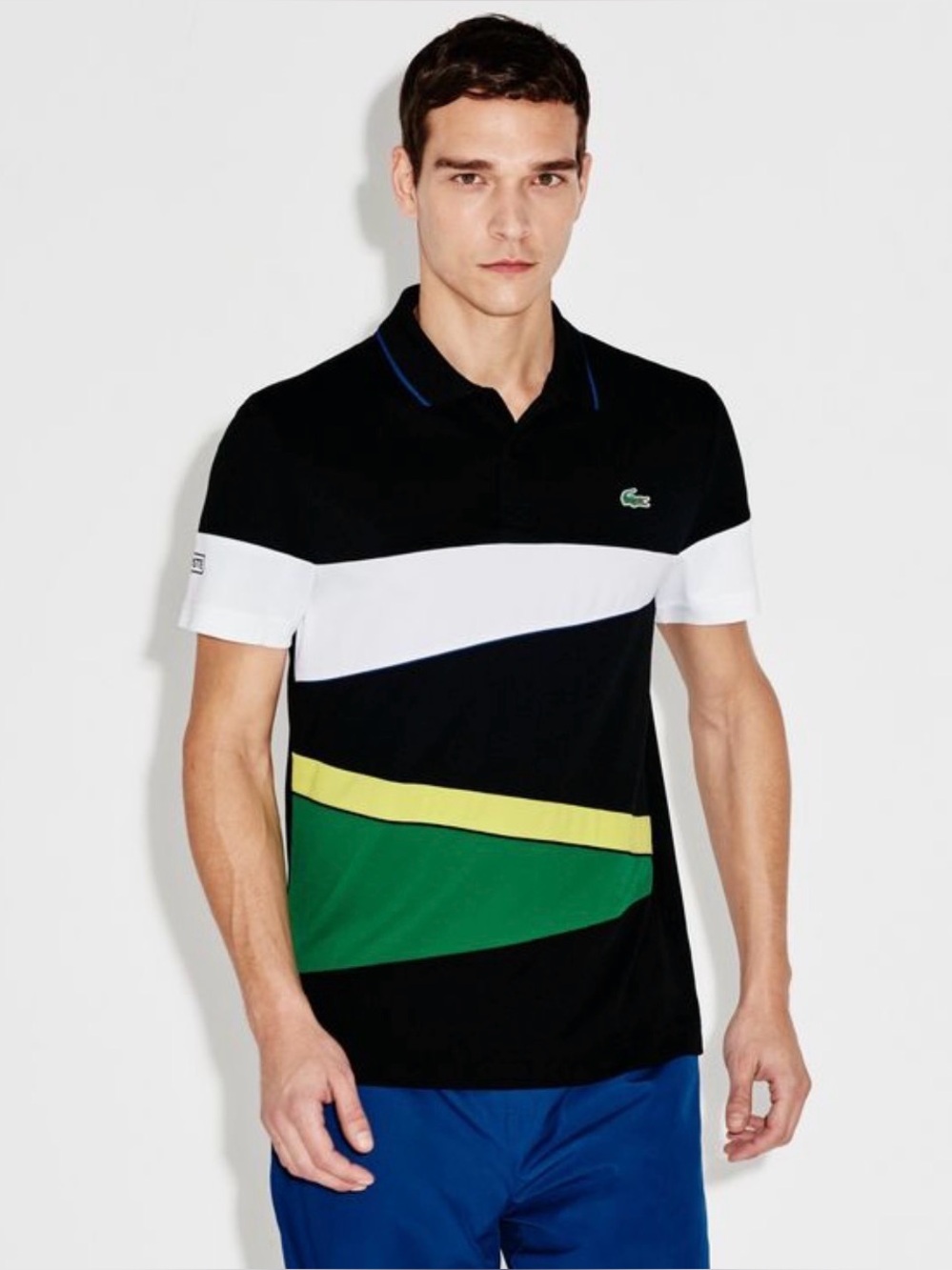 Lacoste Men’s Black Polo with White, Green & Yellow Diagonal Stripes